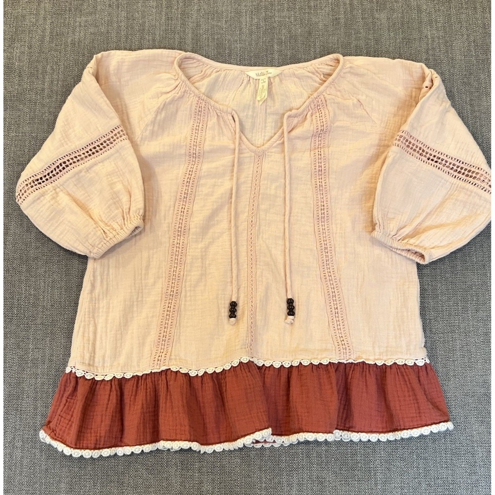 Matilda Jane Women's Small Pink Boho Peasant Top Ruffle Hem Cotton